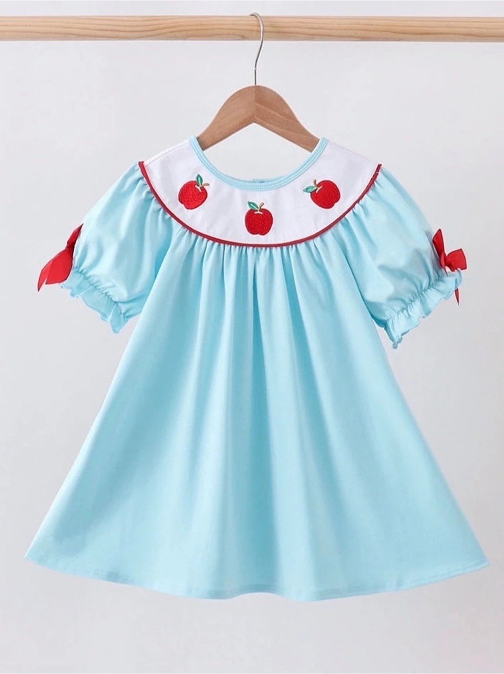 Abby & Evie Blue Apple Embroidered Dress in Blue & Pink